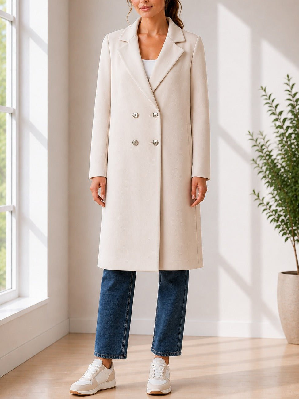 Ladies Cream Longline Double-Breasted Tailored Coat - StylePhase SA