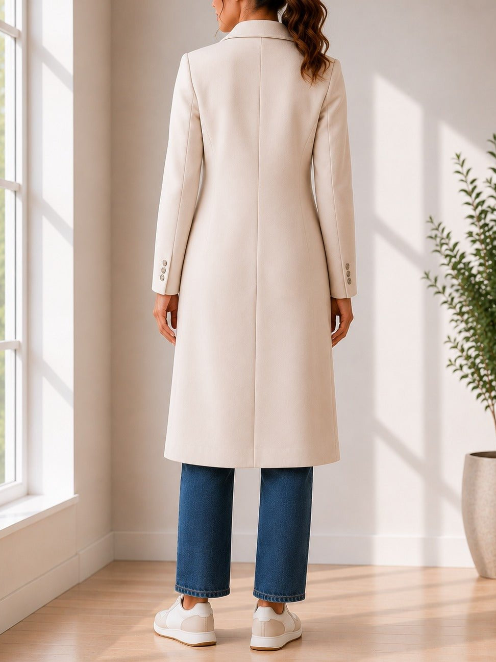 Ladies Cream Longline Double-Breasted Tailored Coat - StylePhase SA