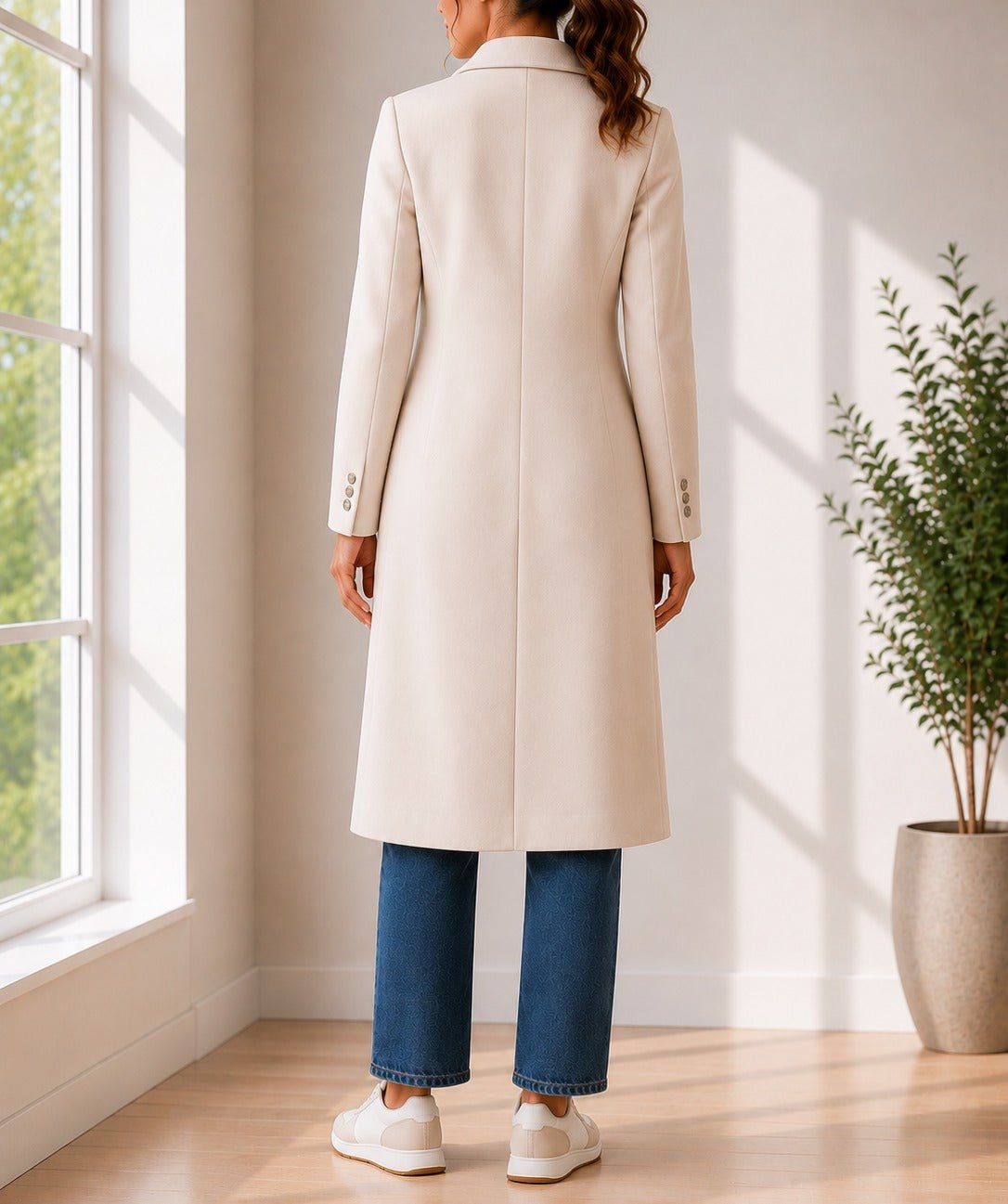 Ladies Cream Longline Double-Breasted Tailored Coat - StylePhase SA