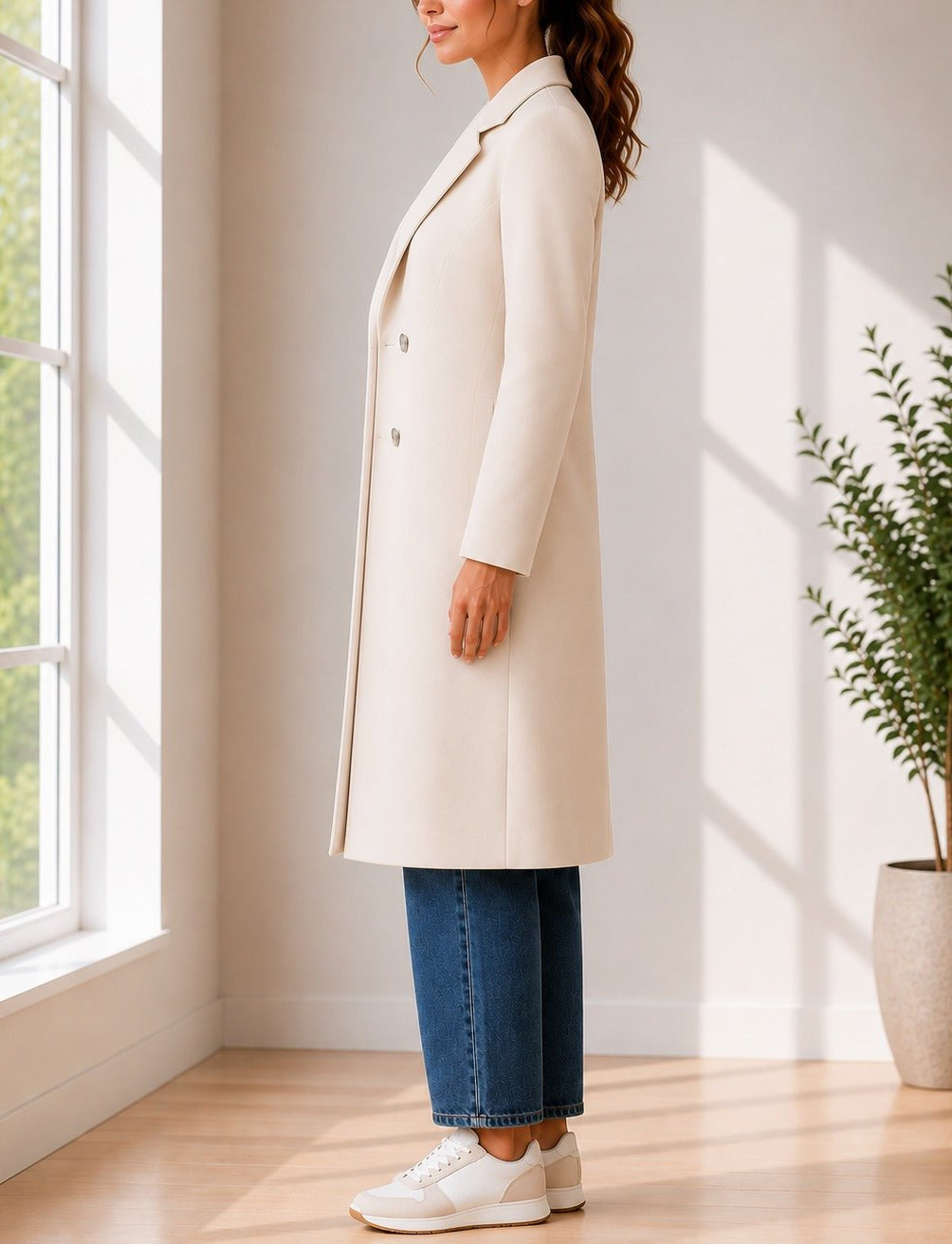 Ladies Cream Longline Double-Breasted Tailored Coat - StylePhase SA