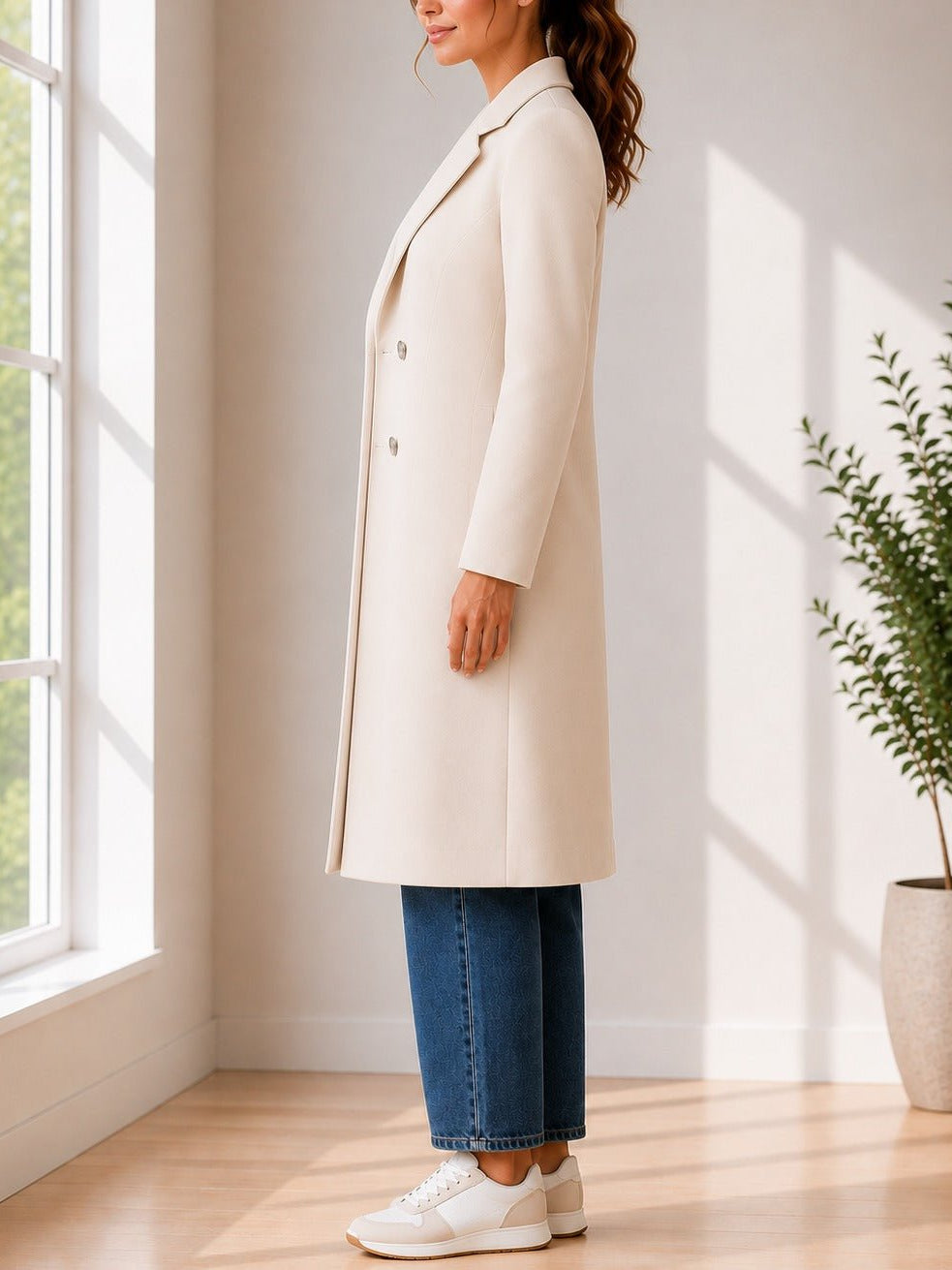 Ladies Cream Longline Double-Breasted Tailored Coat - StylePhase SA