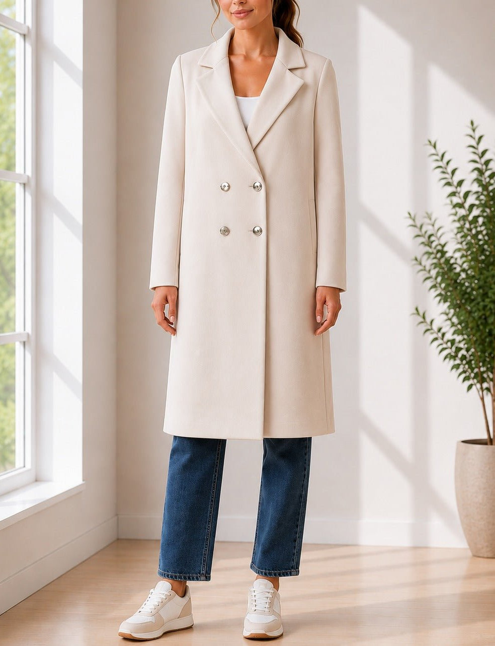Ladies Cream Longline Double-Breasted Tailored Coat - StylePhase SA
