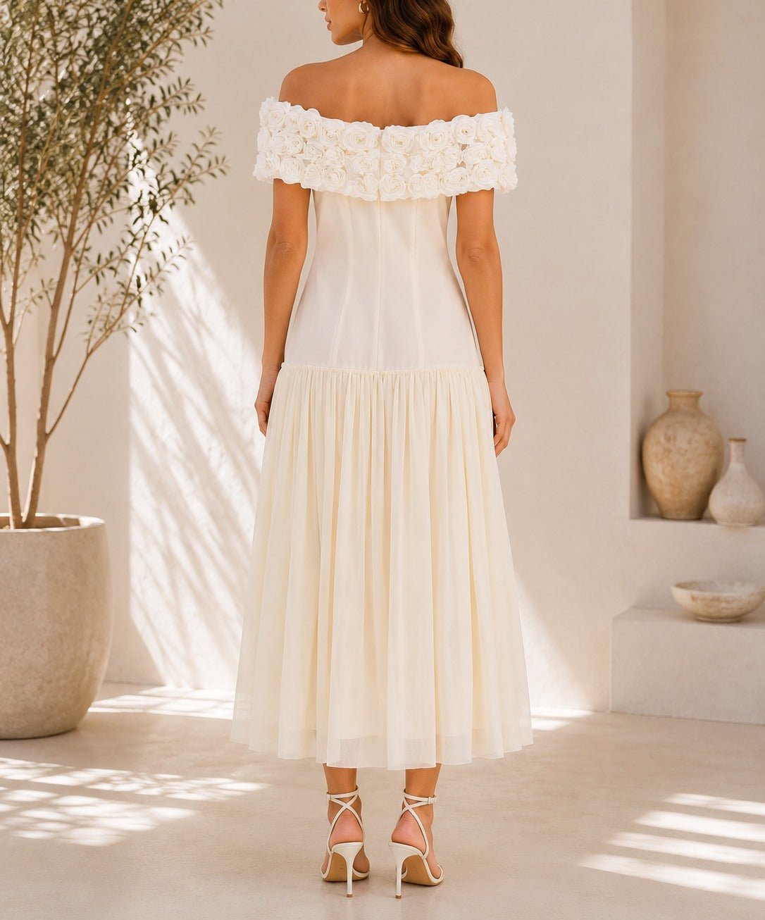 Ladies Cream Off Shoulder 3D Fabric Rose Dress - StylePhase SA