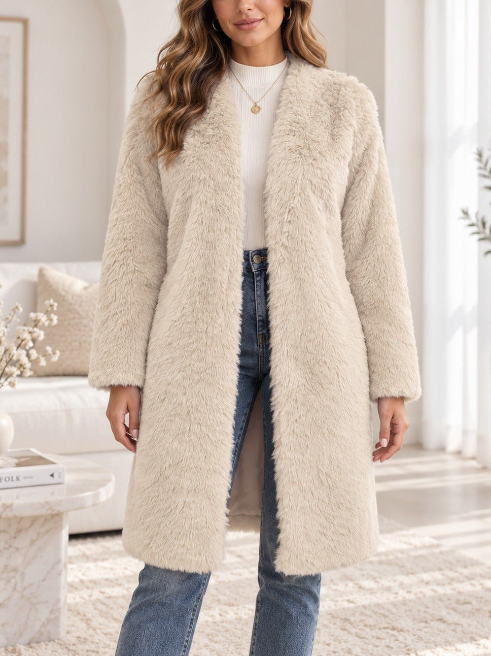 Ladies Cream Open-Front Faux Fur Coat - StylePhase SA