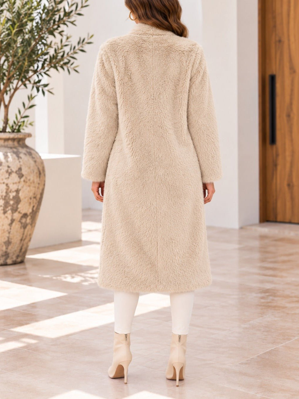 Ladies Cream Open-Front Faux Fur Coat - StylePhase SA
