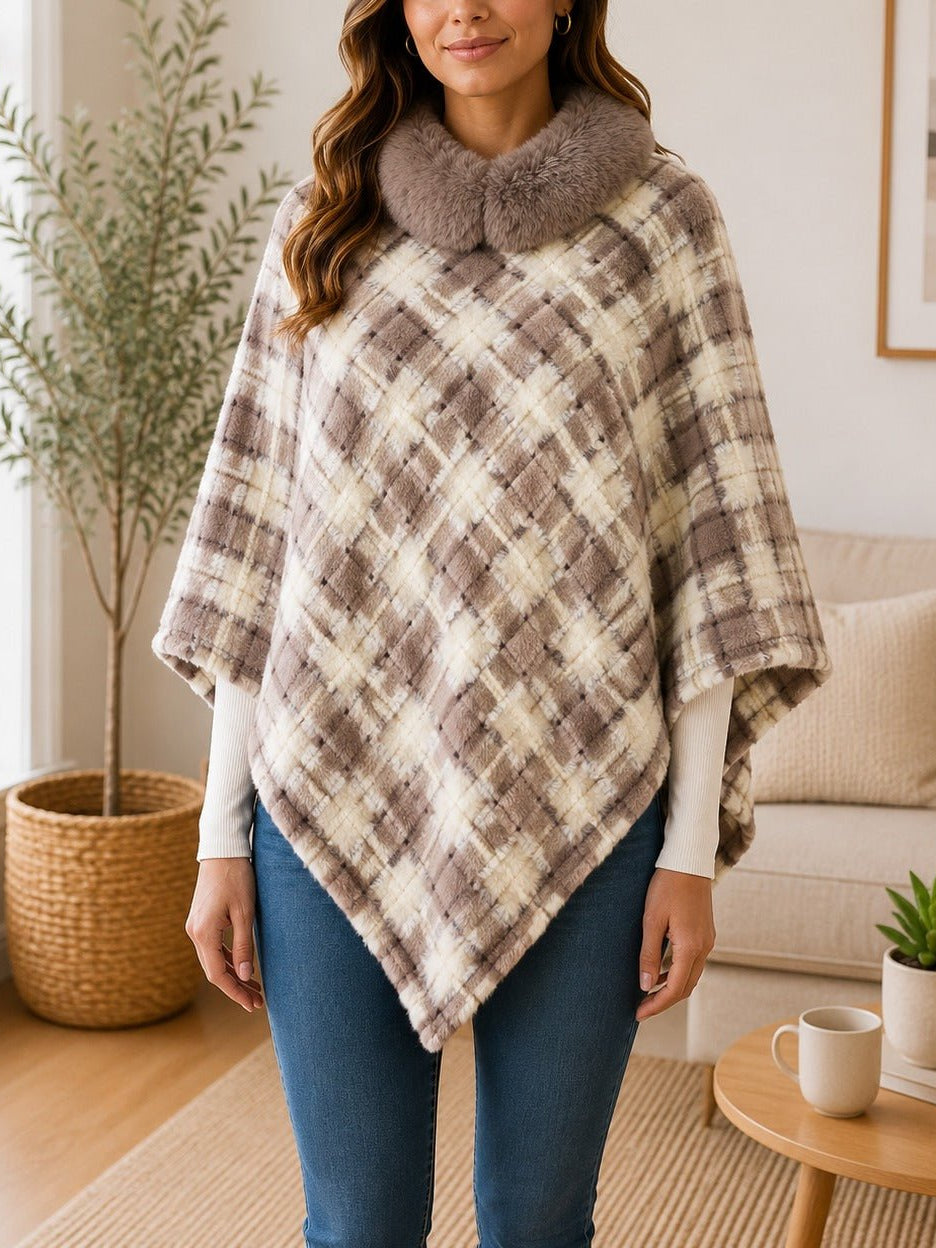 Ladies Cream Pattern Fur Collar Poncho - StylePhase SA