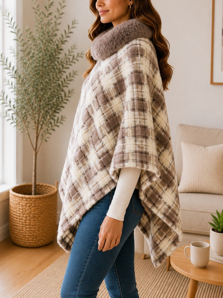 Ladies Cream Pattern Fur Collar Poncho - StylePhase SA