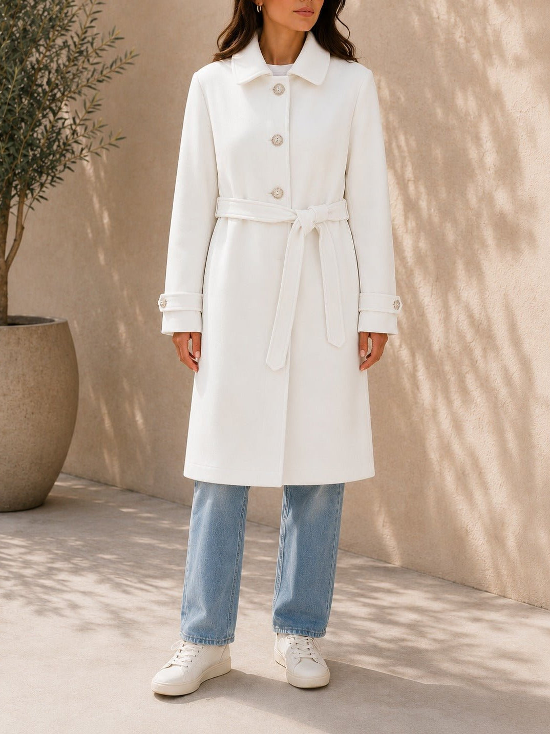 Ladies Cream Pleated Button Detail Melton Coat - StylePhase SA