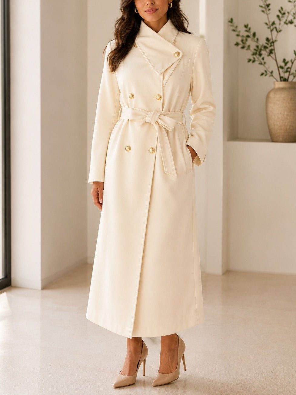 Ladies Cream Side Collar Double Breasted Melton Coat - StylePhase SA