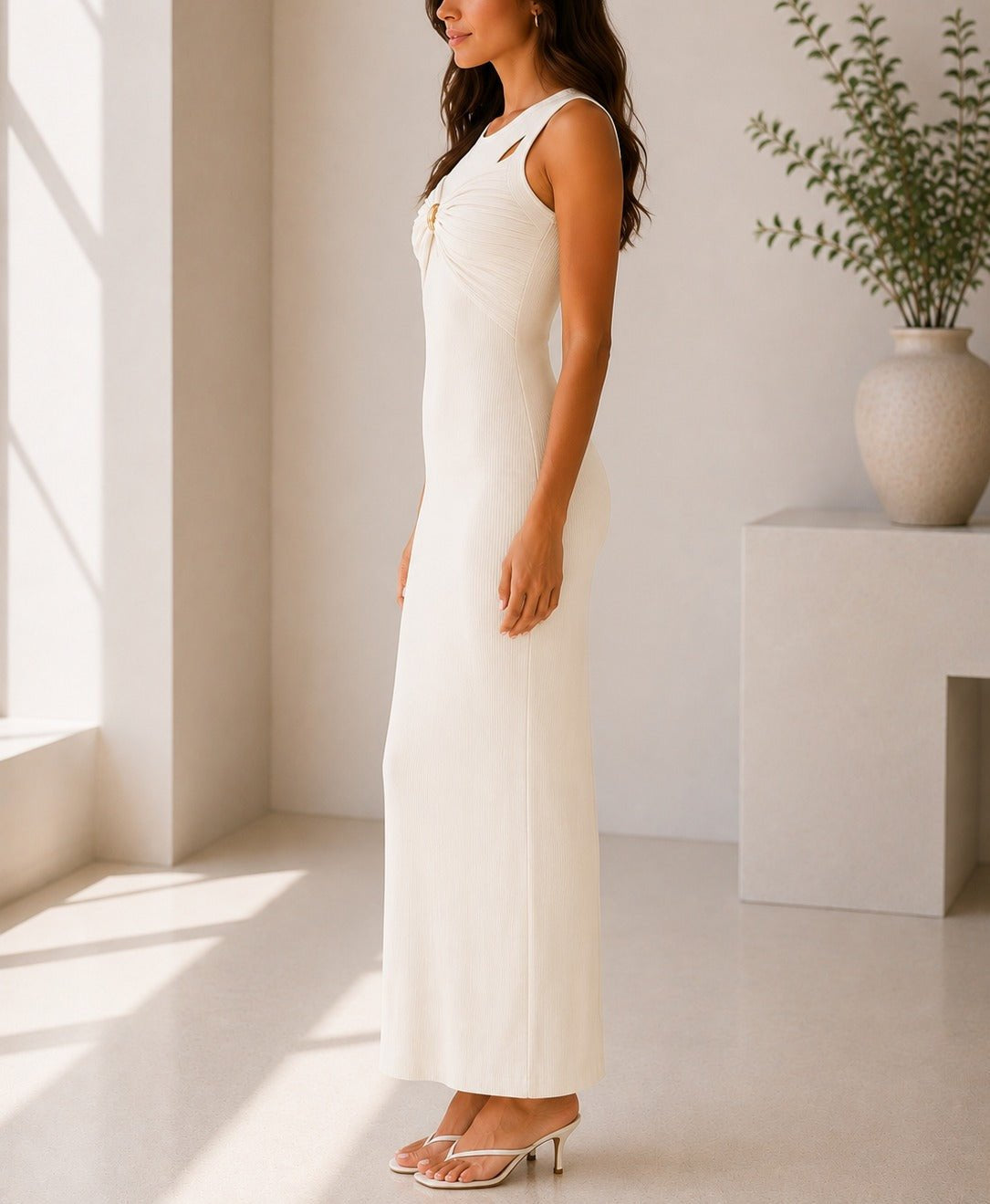 Ladies Cream Sleeveless Twist Front Maxi Dress - StylePhase SA
