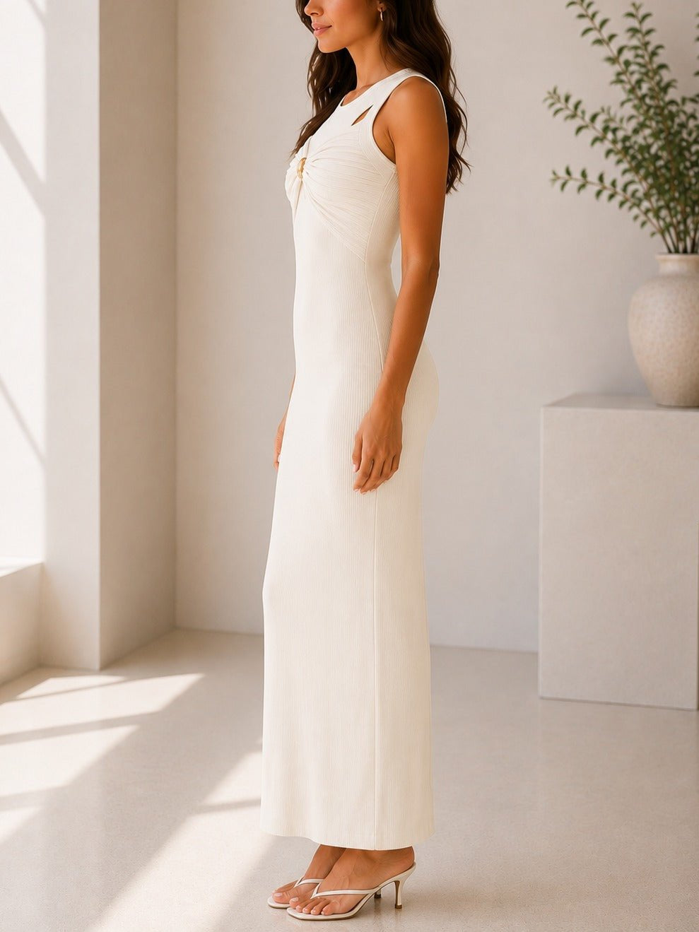 Ladies Cream Sleeveless Twist Front Maxi Dress - StylePhase SA