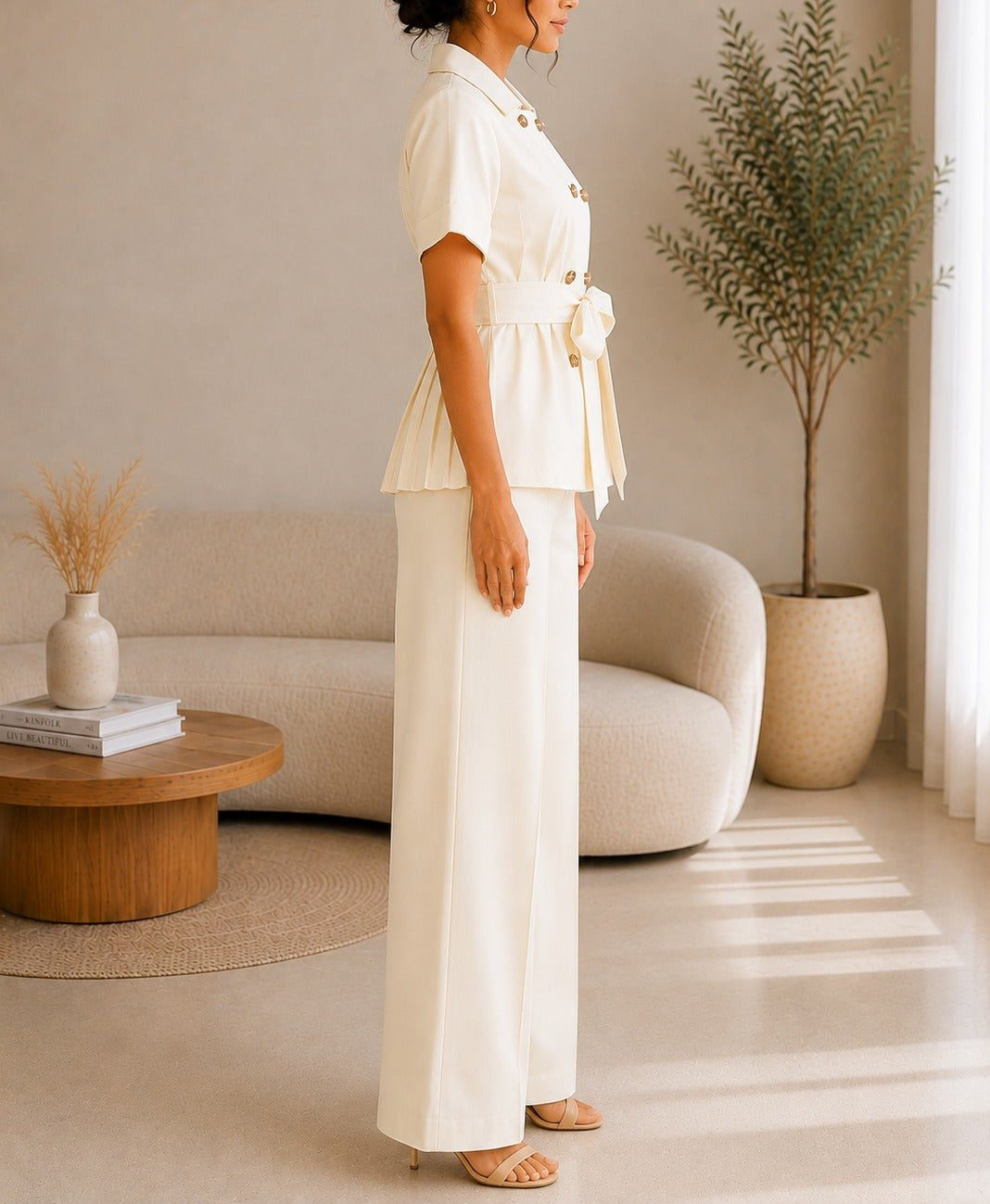 Ladies Cream White Button Front Two-Piece Set - StylePhase SA