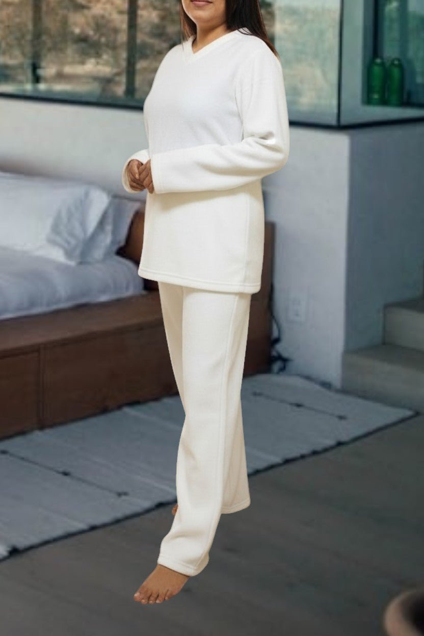 Ladies Cream White Polar Fleece Pyjama Set - StylePhase SA