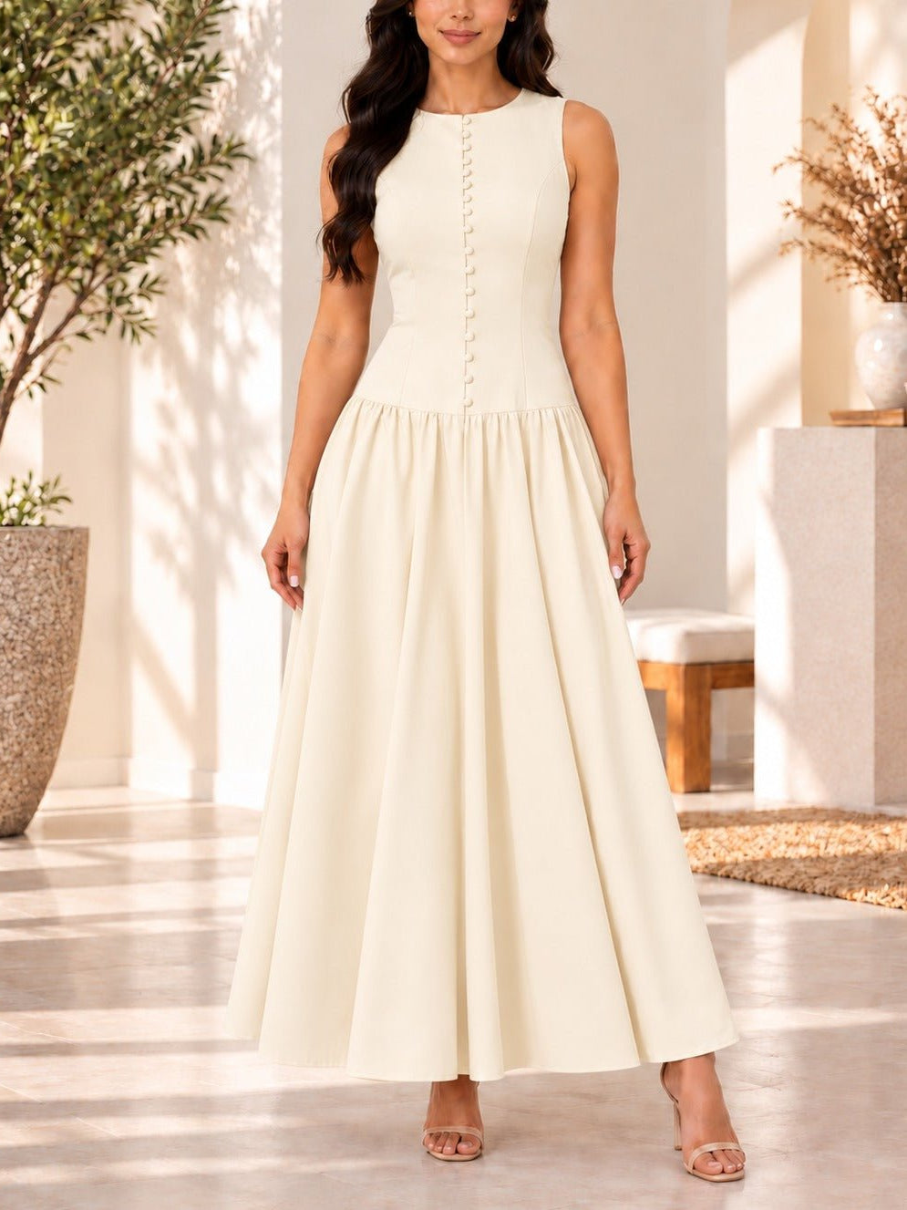 Ladies Cream Zip Back Button Front Dress - StylePhase SA