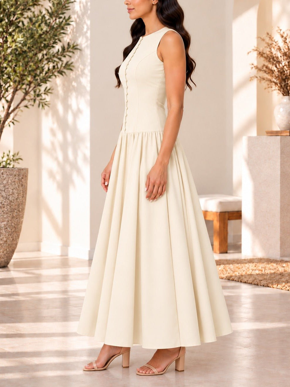 Ladies Cream Zip Back Button Front Dress - StylePhase SA