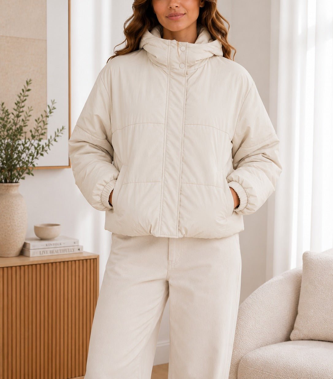 Ladies Cream Zip Hoody Puffer Jacket - StylePhase SA