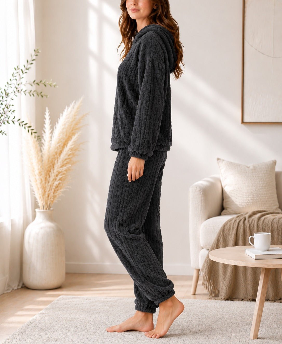 Ladies Cuffed Plush Hoody Pj Set - Charcoal - StylePhase SA