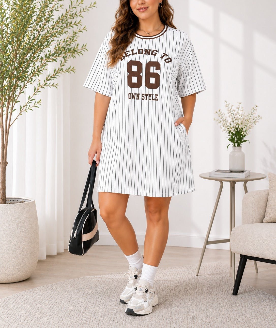 Ladies Curve Plus Brown Printed Stripe Shirt - StylePhase SA