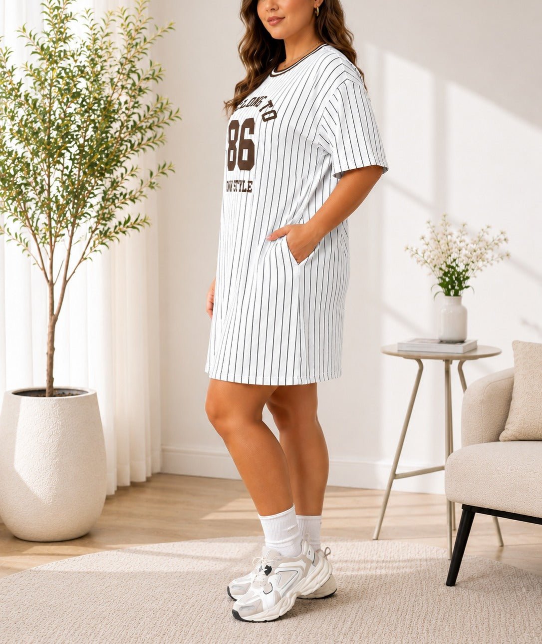 Ladies Curve Plus Brown Printed Stripe Shirt - StylePhase SA