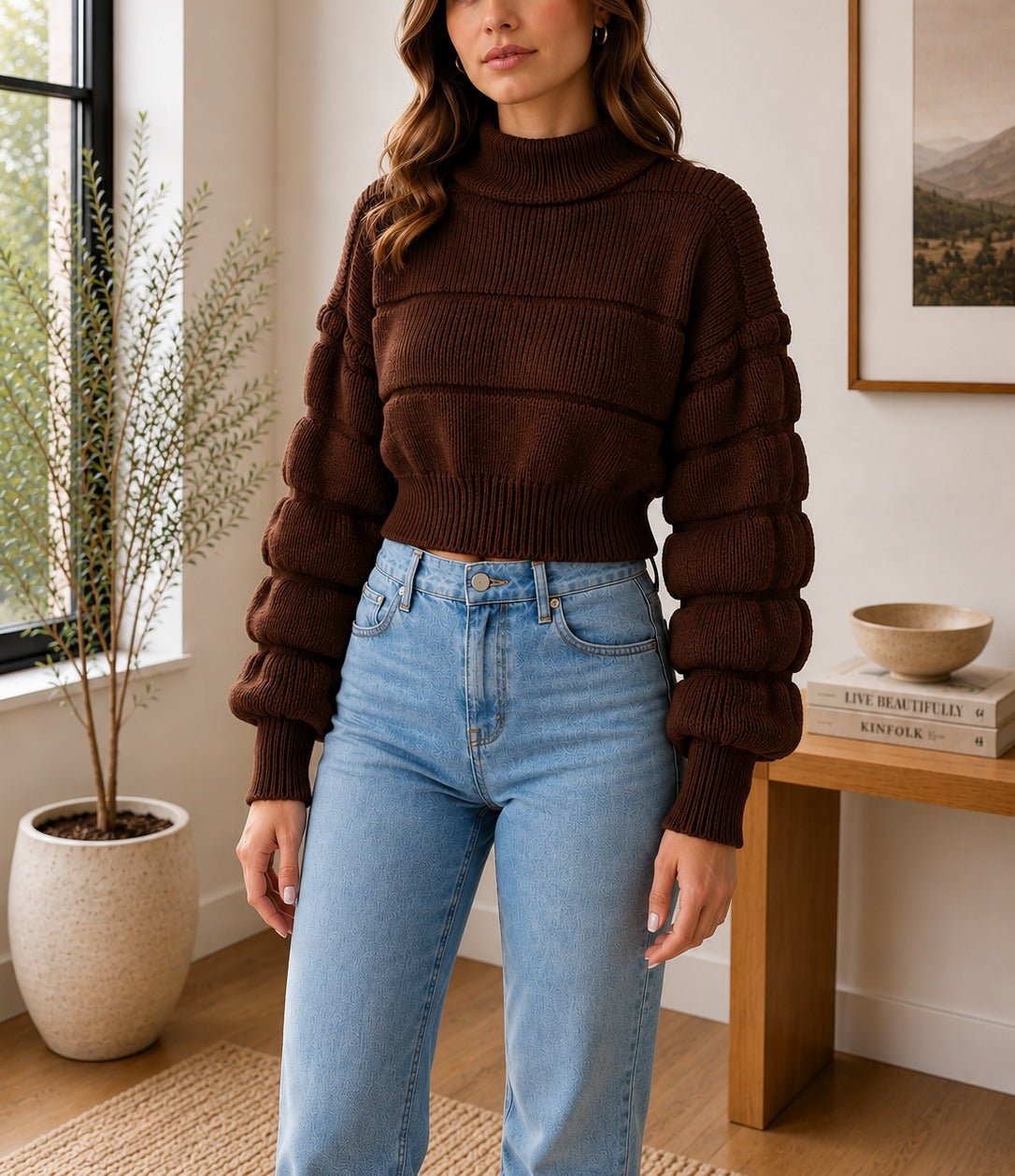 Ladies Dark Brown Balloon Sleeve Turtleneck Jersey - StylePhase SA