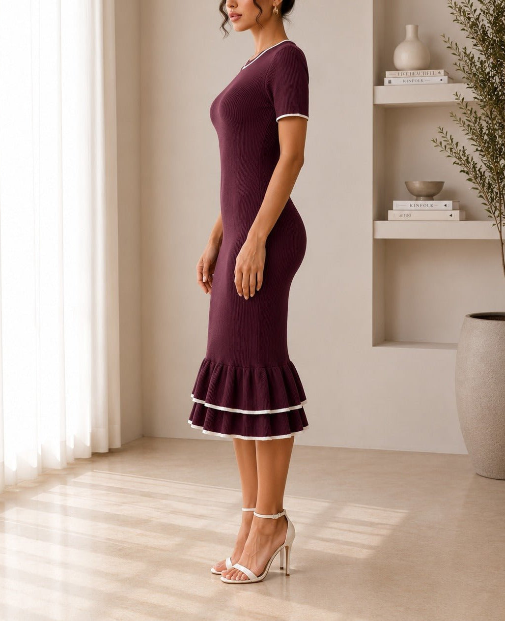 Ladies Dark Brown Jersey Ruffle Dress- New Feeling - StylePhase SA