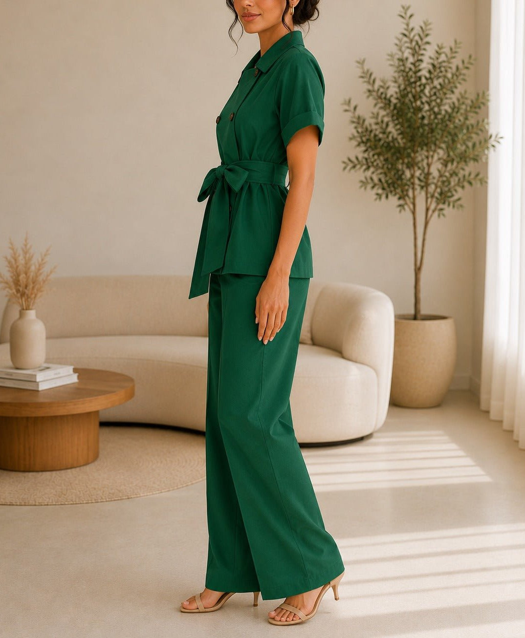Ladies Dark Green Button Front Two-Piece Set - StylePhase SA