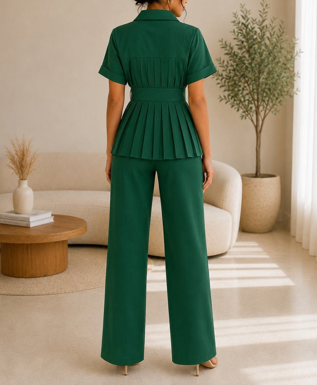 Ladies Dark Green Button Front Two-Piece Set - StylePhase SA