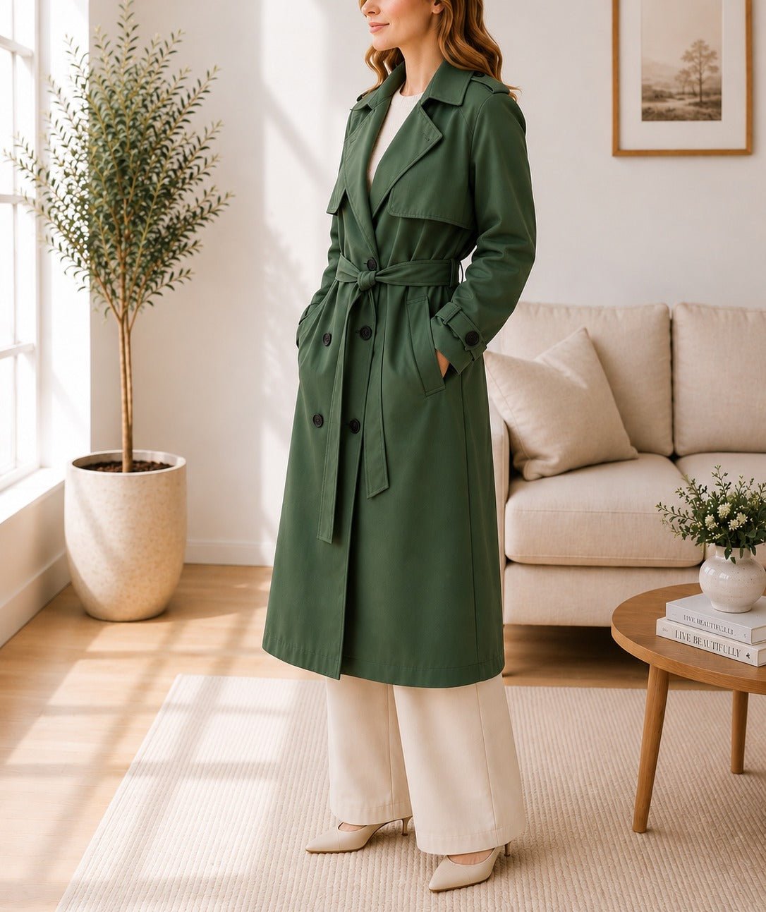 Ladies Dark Green Lined Trench Coat - StylePhase SA