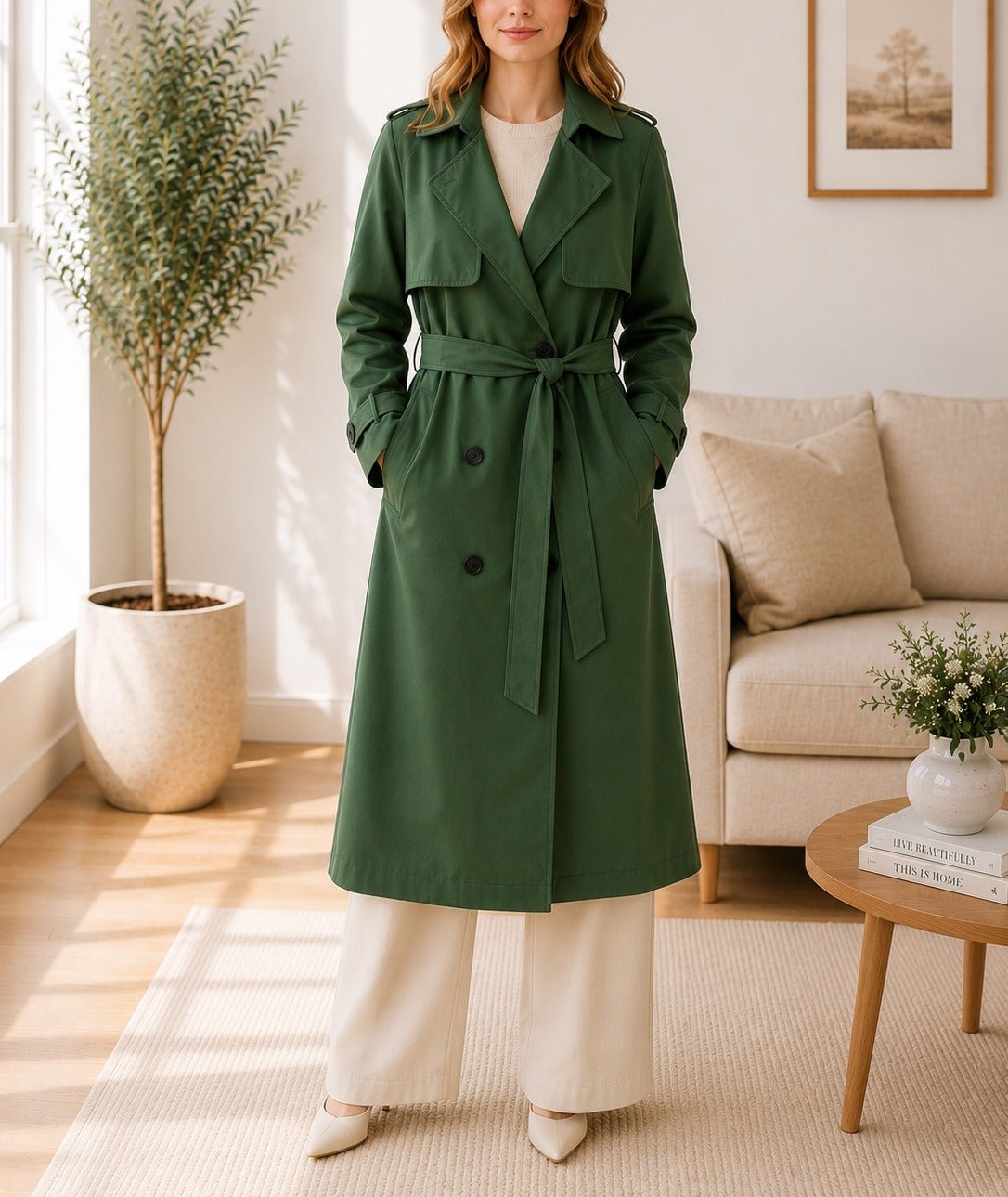 Ladies Dark Green Lined Trench Coat - StylePhase SA