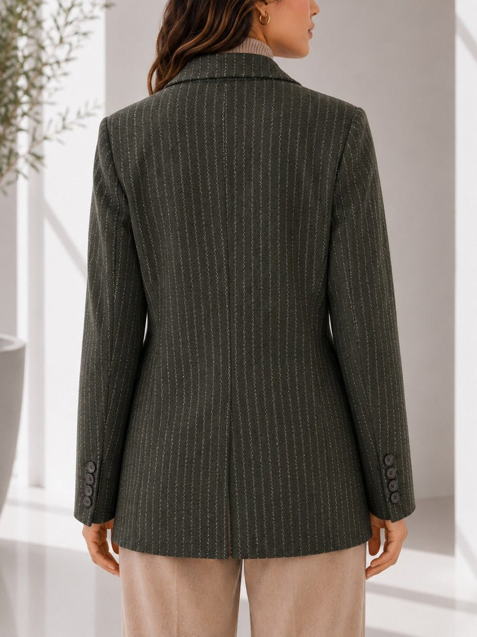 Ladies Dark Green Pinstriped Brooch Blazer - StylePhase SA