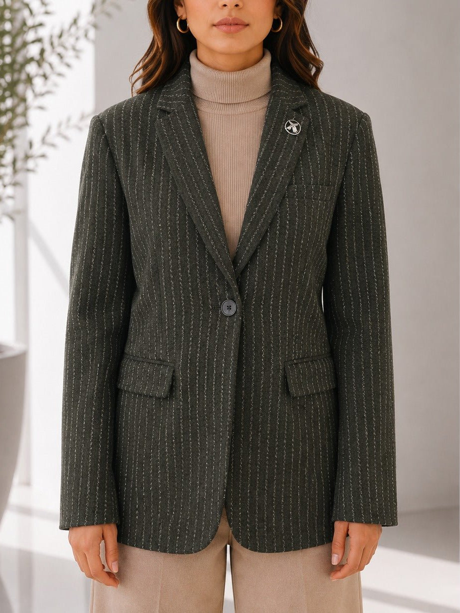 Ladies Dark Green Pinstriped Brooch Blazer - StylePhase SA