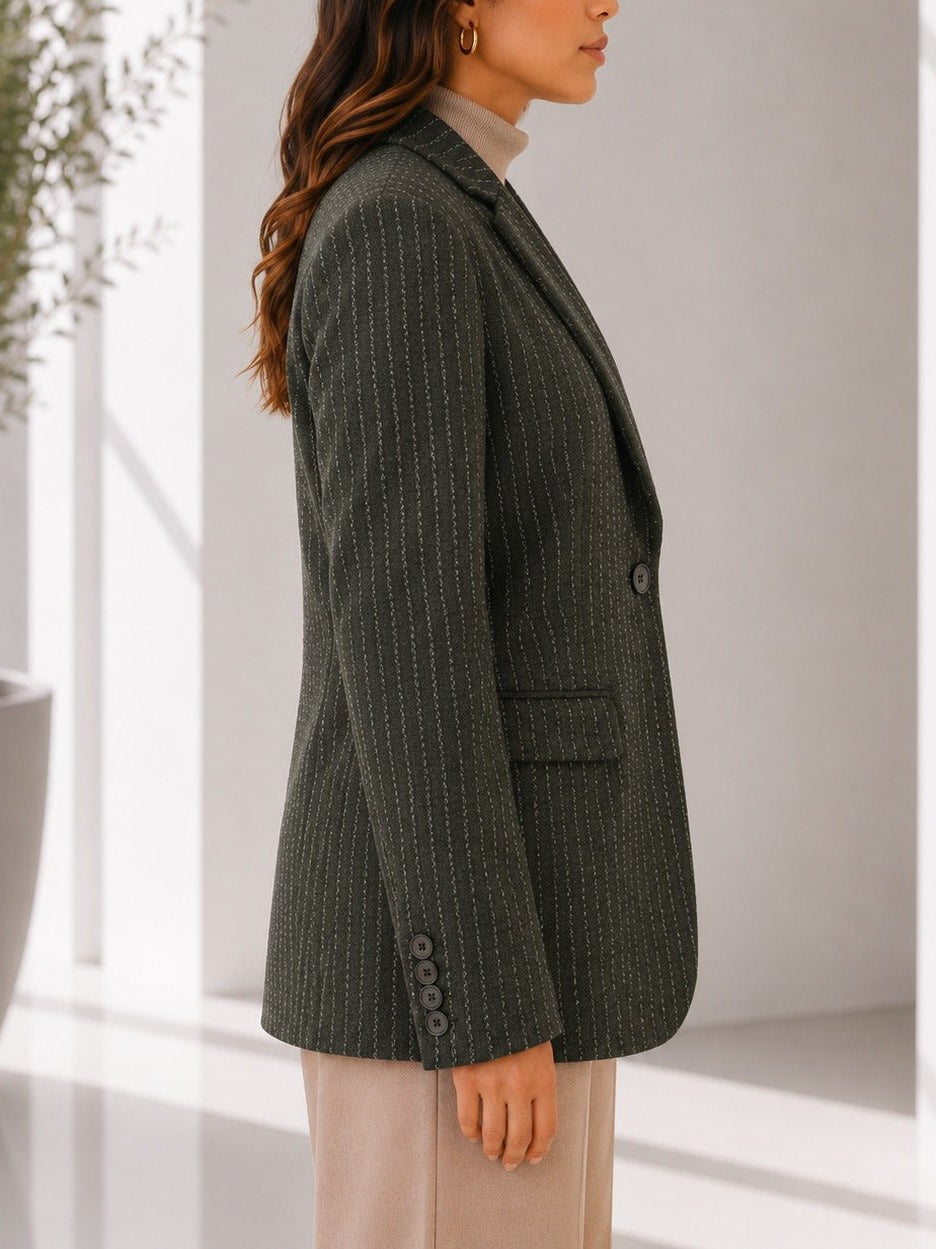 Ladies Dark Green Pinstriped Brooch Blazer - StylePhase SA