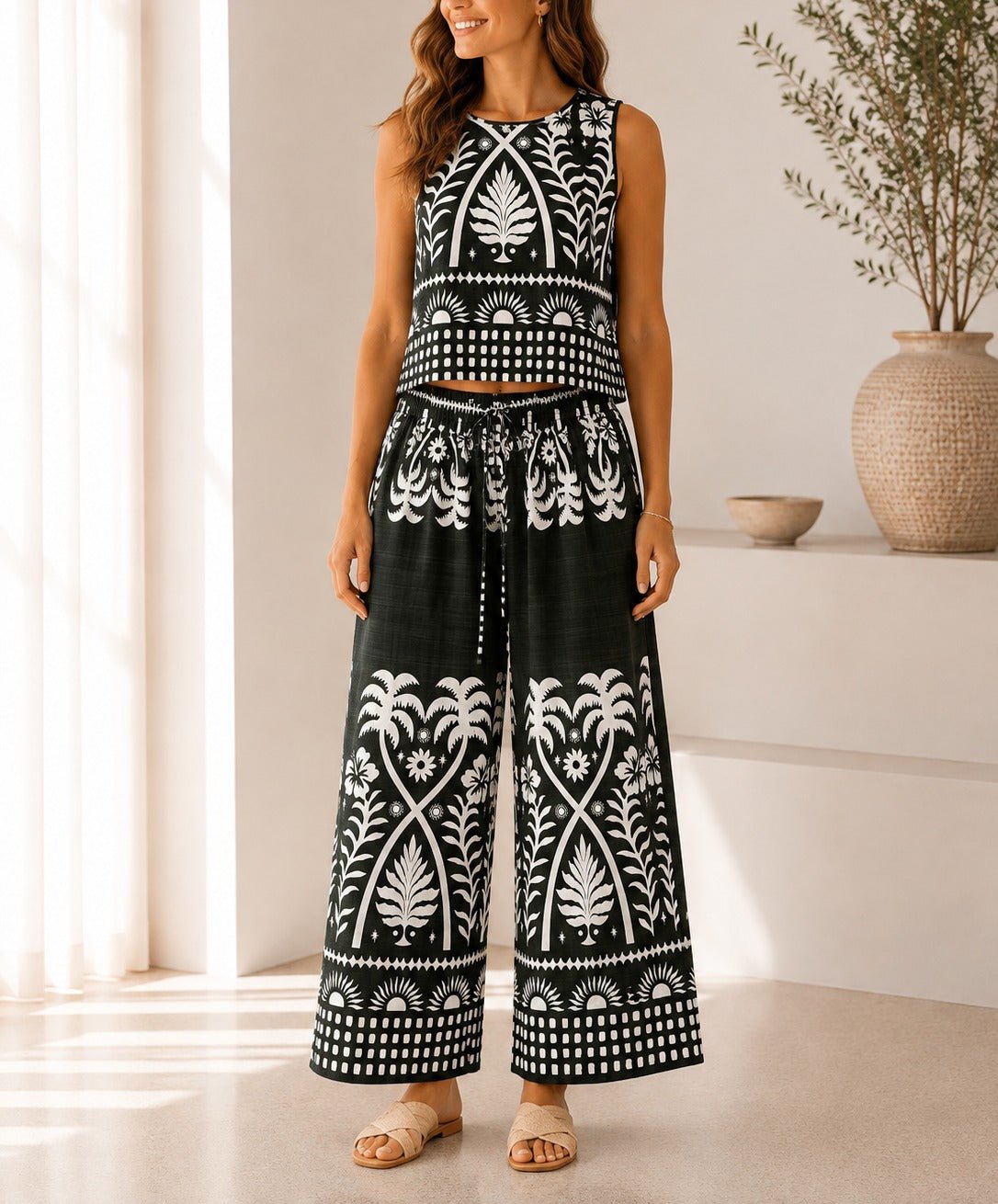 Ladies Dark Green Tropical Print Wide Leg Two Piece - StylePhase SA