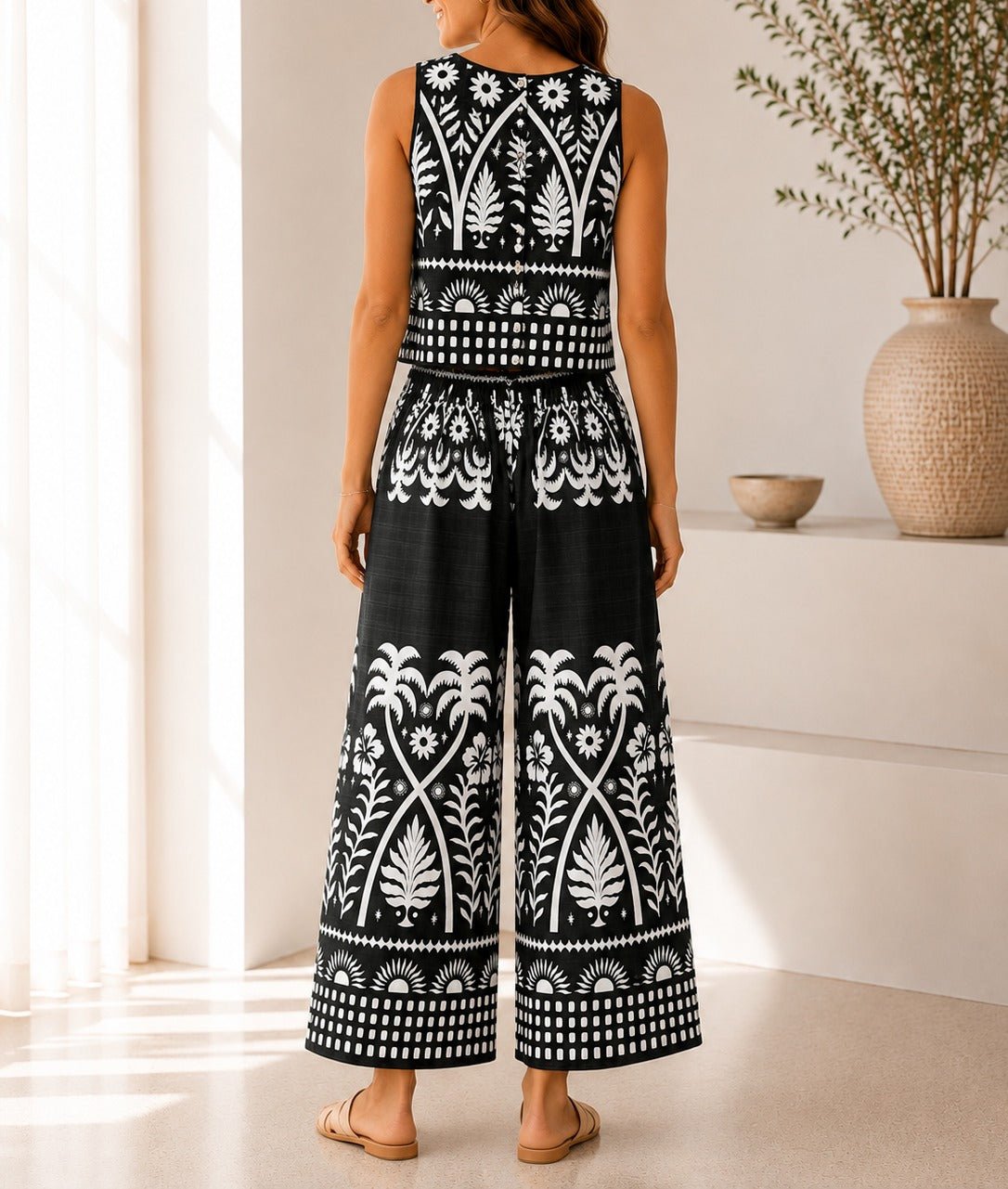 Ladies Dark Green Tropical Print Wide Leg Two Piece - StylePhase SA