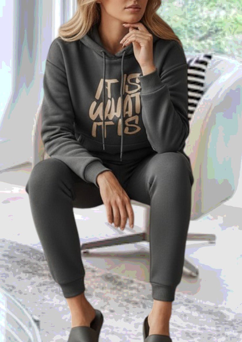 Ladies Dark Grey Printed Fleece Tracksuit - It Is What It Is - StylePhase SA