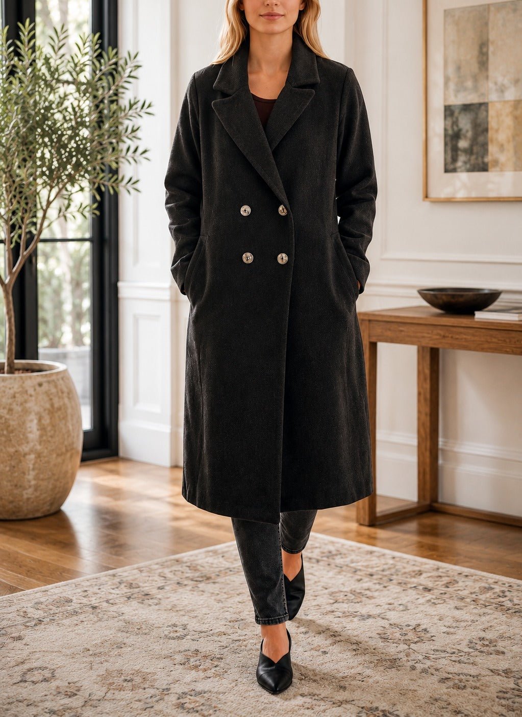 Ladies Double Breast Black Melton Coat - StylePhase SA