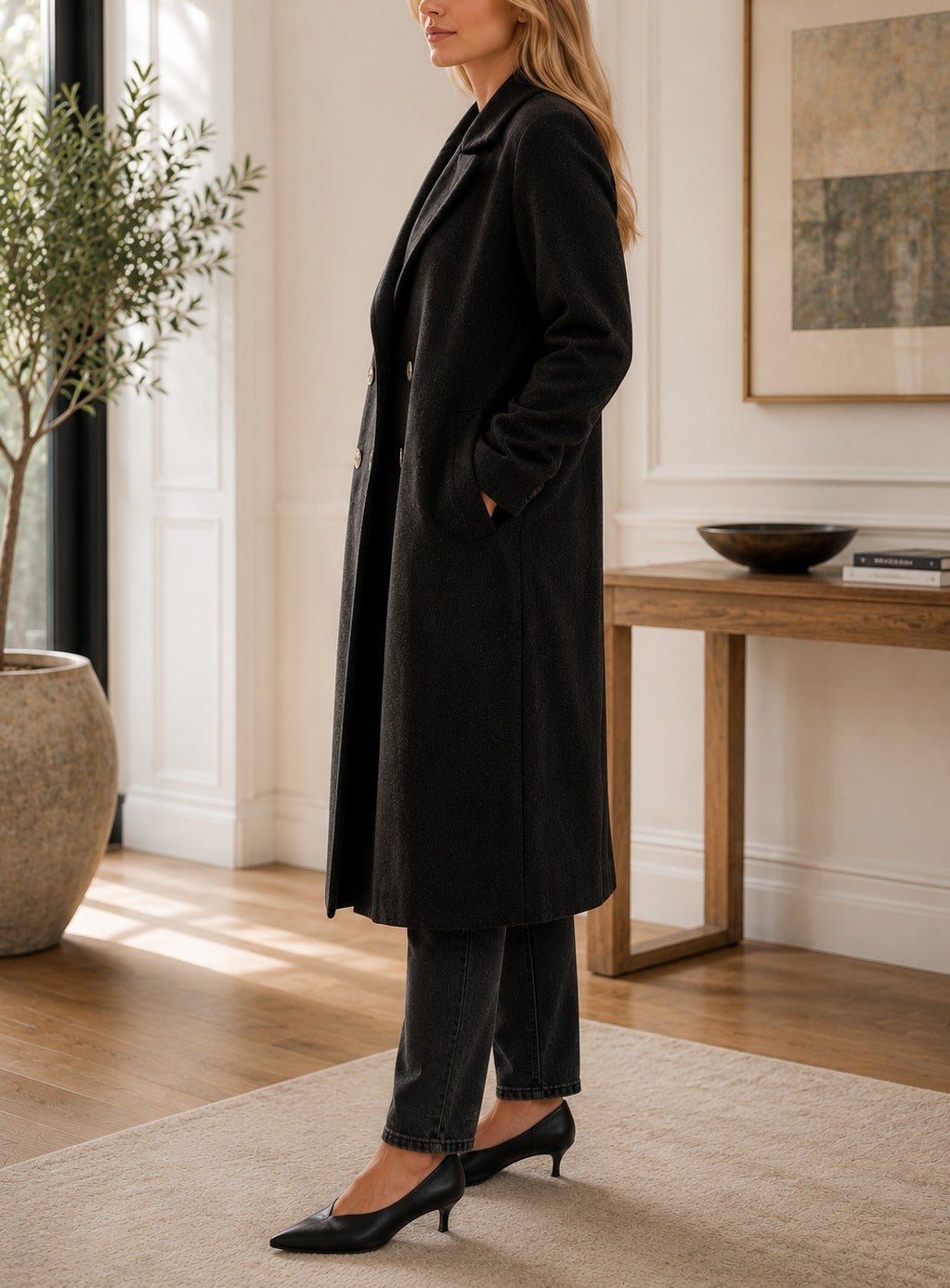 Ladies Double Breast Black Melton Coat - StylePhase SA