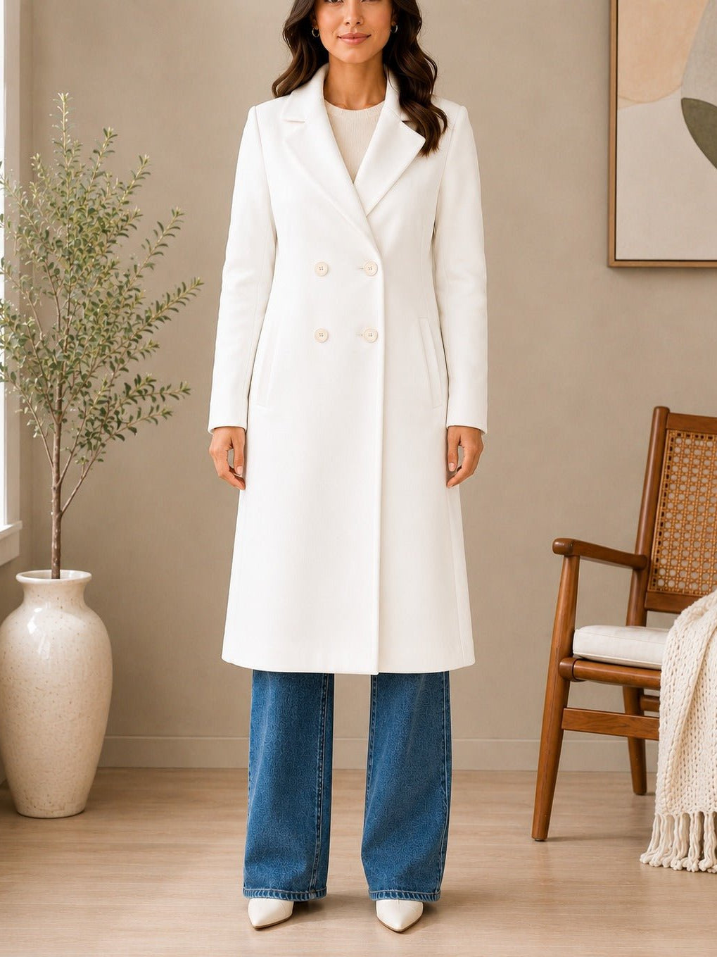 Ladies Double Breast Melton Coat -Cream - StylePhase SA