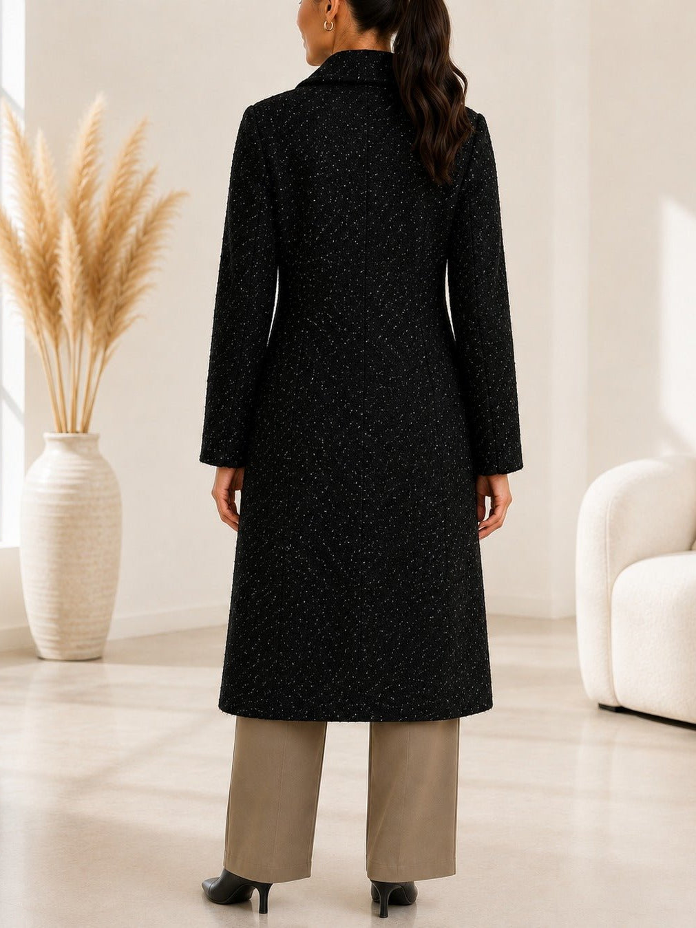 Ladies Fleece Black Double Breast Coat - StylePhase SA