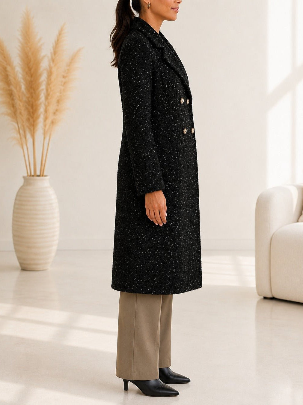 Ladies Fleece Black Double Breast Coat - StylePhase SA