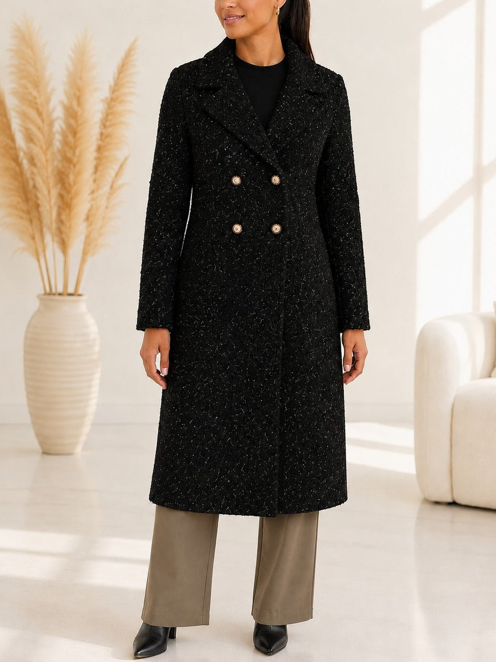 Ladies Fleece Black Double Breast Coat - StylePhase SA