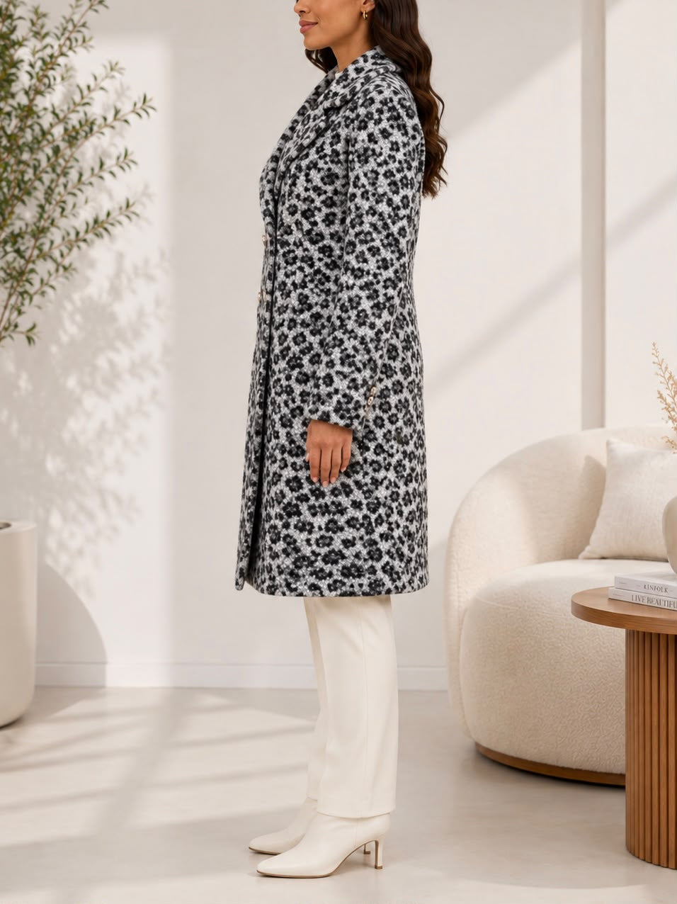 Ladies Fleece Black Leopard Double Breast Coat - StylePhase SA