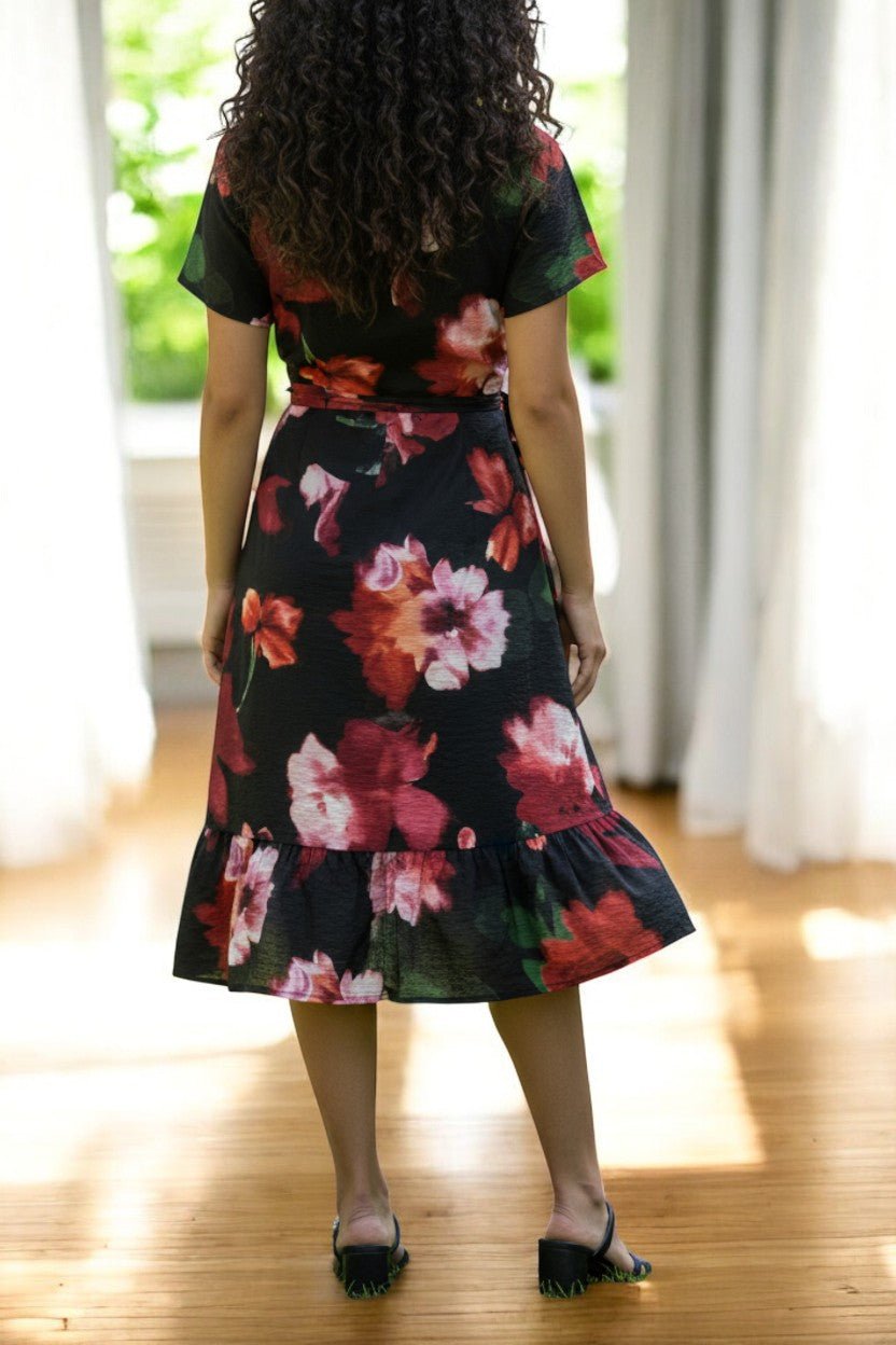 Ladies Floral Ruffel Wrap Dress - Black - StylePhase SA