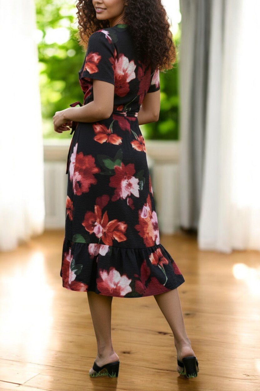 Ladies Floral Ruffel Wrap Dress - Black - StylePhase SA
