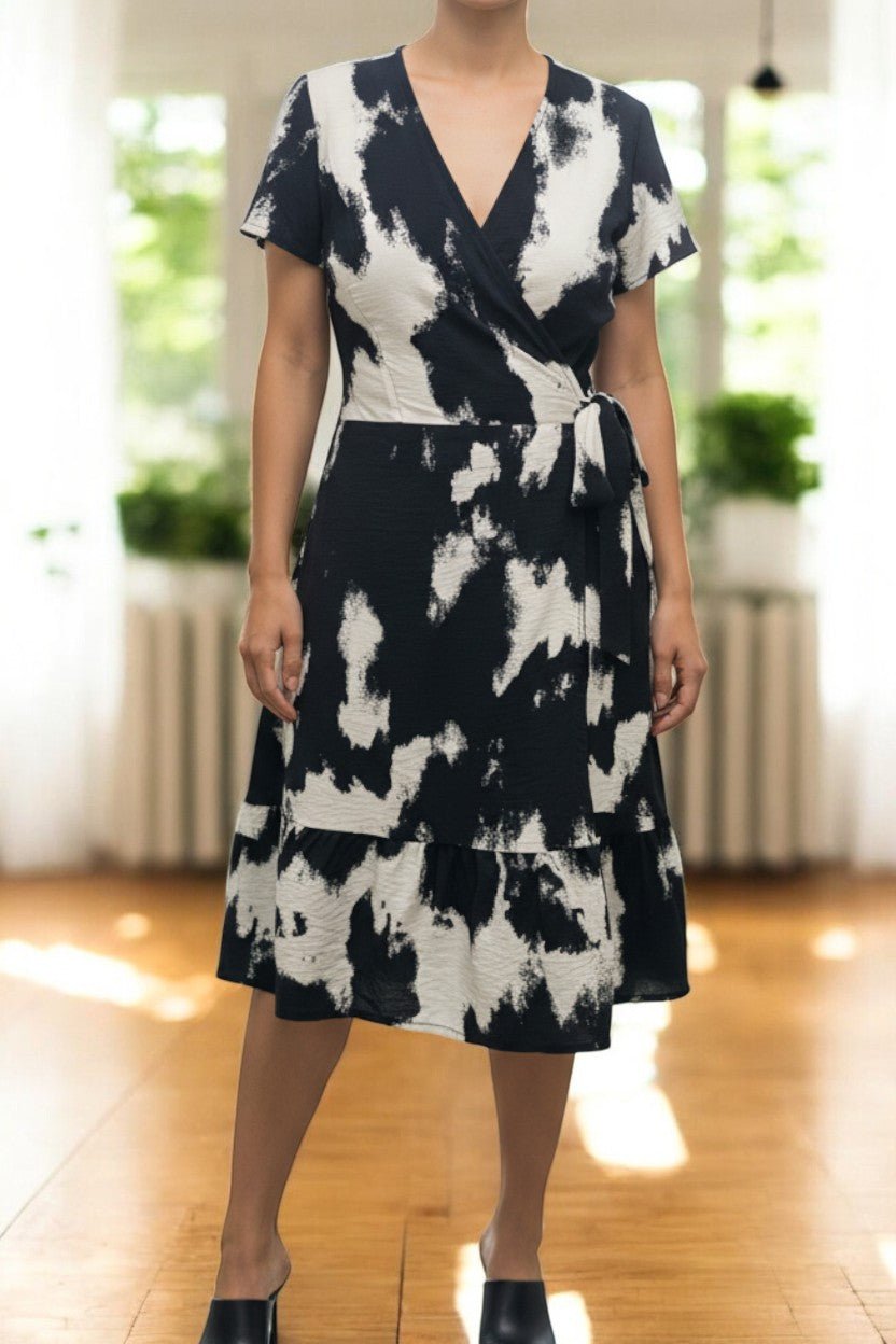 Ladies Floral Ruffel Wrap Dress - Black And White - StylePhase SA