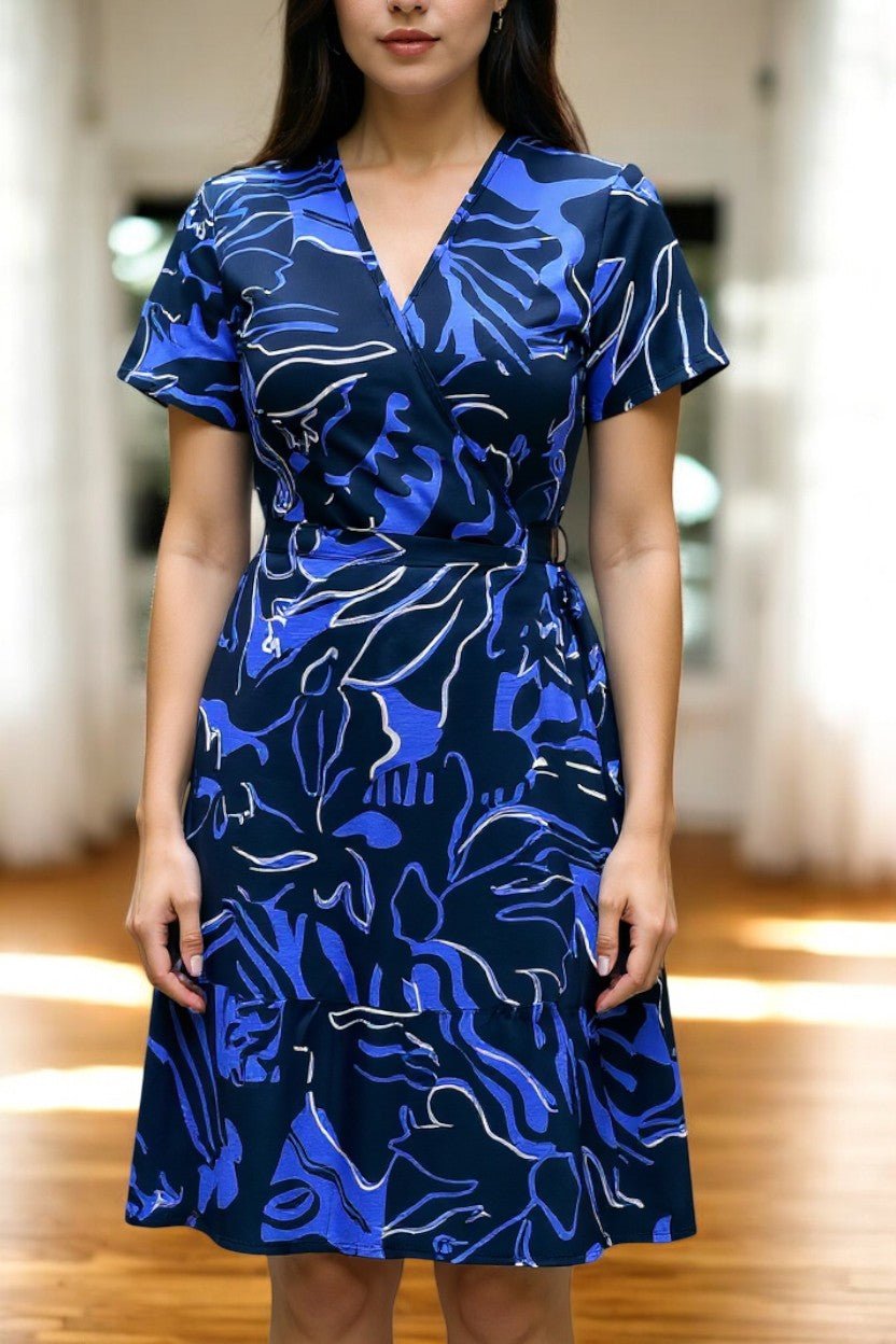 Ladies Floral Ruffel Wrap Dress - Navy And Black - StylePhase SA