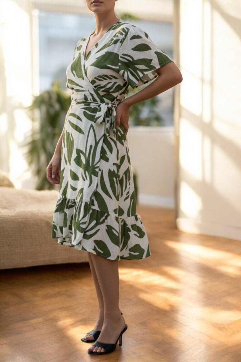 Ladies Floral Ruffel Wrap Dress - Olive And Cream - StylePhase SA