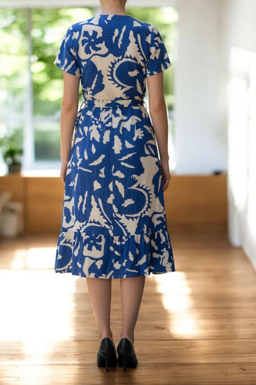 Ladies Floral Ruffel Wrap Dress - Royal And Cream - StylePhase SA