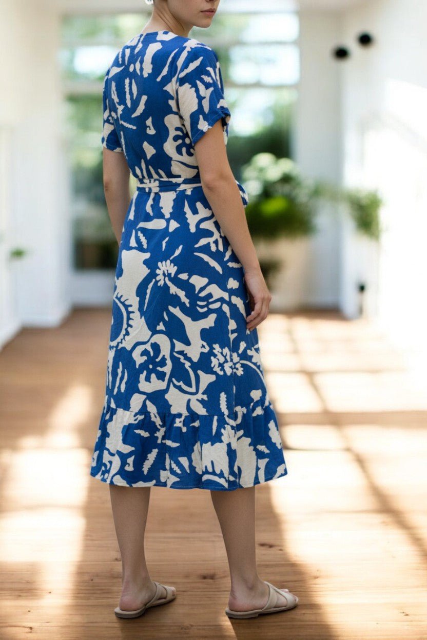 Ladies Floral Ruffel Wrap Dress - Royal And Cream - StylePhase SA