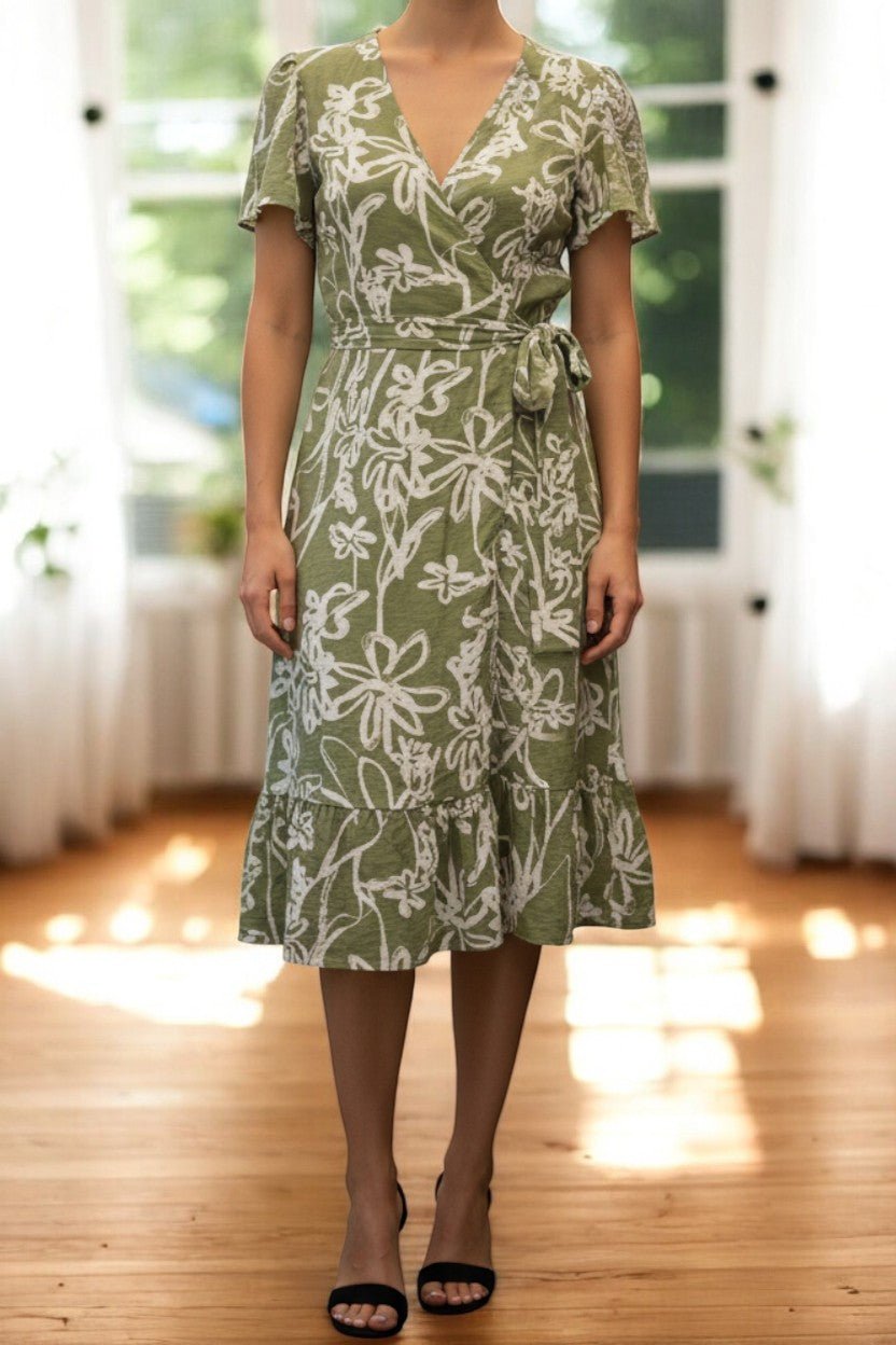 Ladies Floral Ruffel Wrap Dress - Sage Floral - StylePhase SA